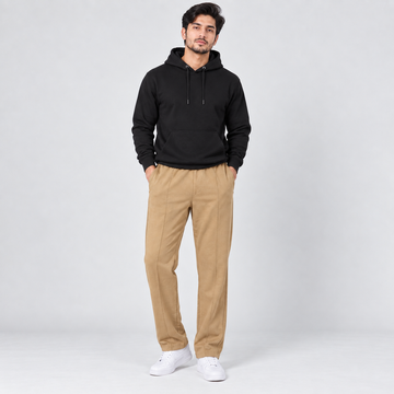 Black Fleece Pullover Hoodie with Kangaroo Pocket & Khaki Straight Fit Terry Trouser with Drawstring AERODECK APPARELS