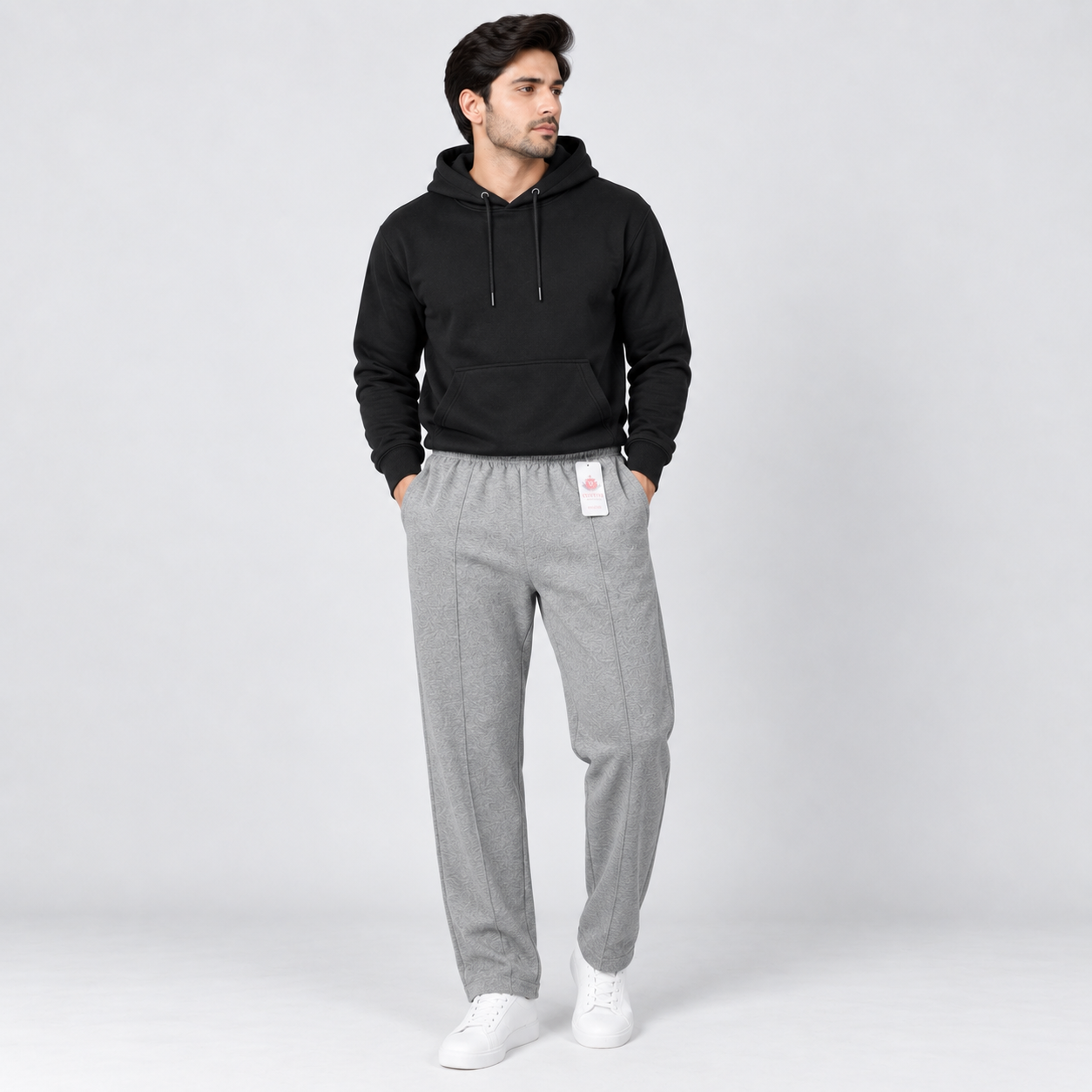 Black Fleece Pullover Hoodie with Kangaroo Pocket & Light Grey Straight Fit Terry Trouser with Drawstring AERODECK APPARELS
