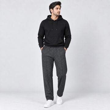Black Fleece Pullover Hoodie with Kangaroo Pocket & Charcoal Grey Straight Fit Terry Trouser with Drawstring AERODECK APPARELS