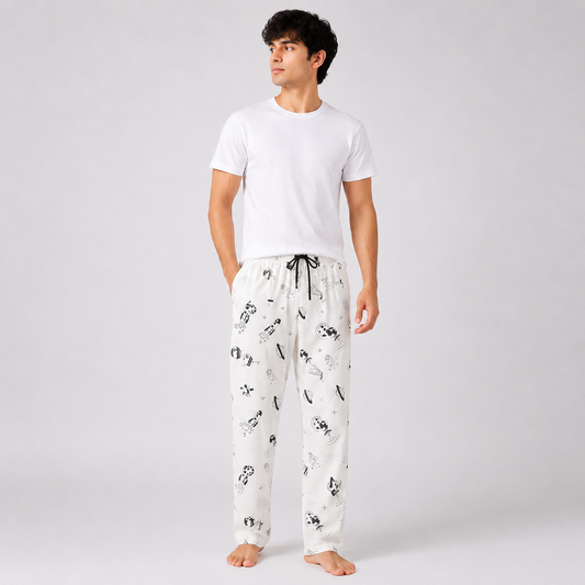 Aerodeck Men's Premium Space Print Cotton Lounge Trousers – White AERODECK APPARELS