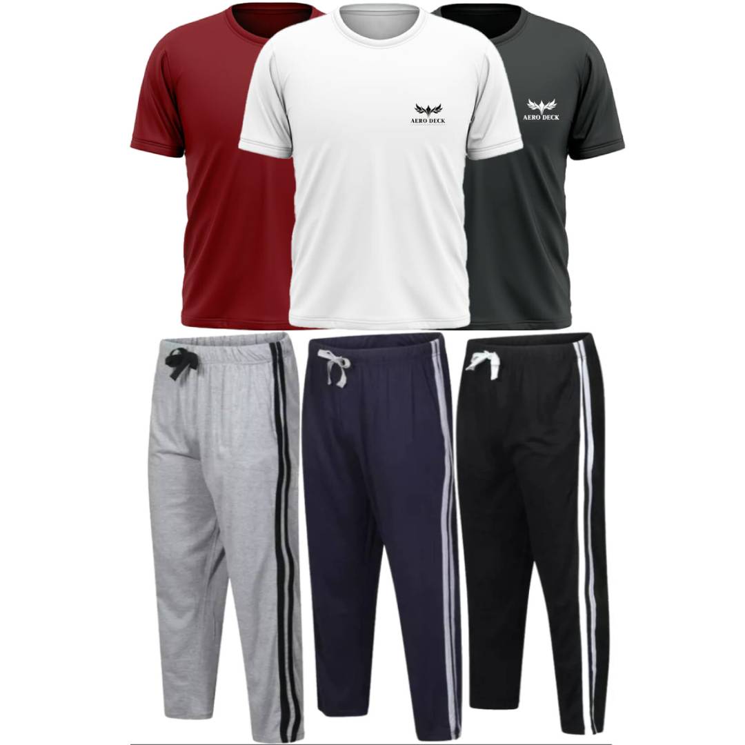 Pack of 3 Side Stripe Trousers & 3 Plain T-Shirts (AD-07) AERODECK APPARELS