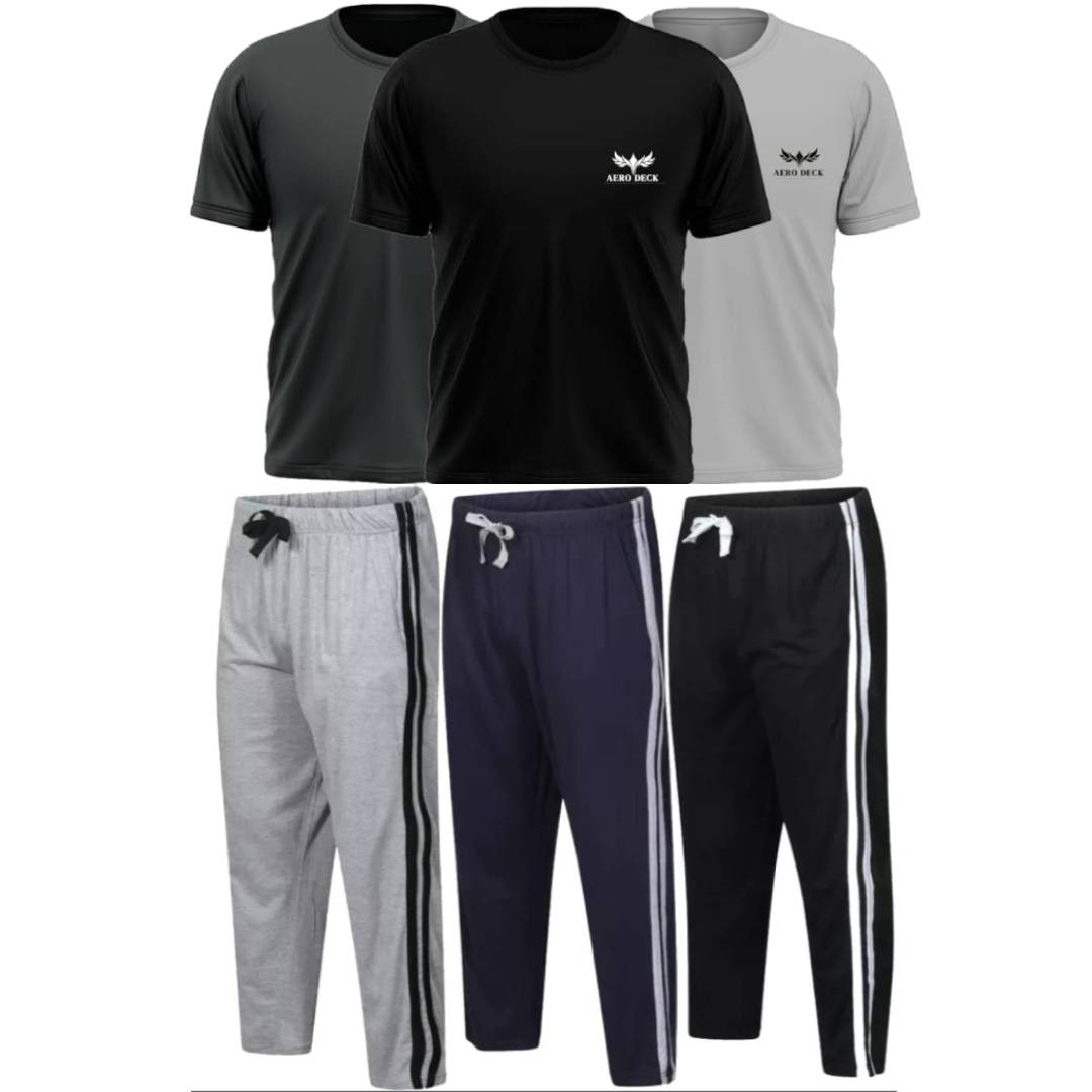 Pack of 3 Side Stripe Trousers & 3 Plain T-Shirts (AD-05) AERODECK APPARELS