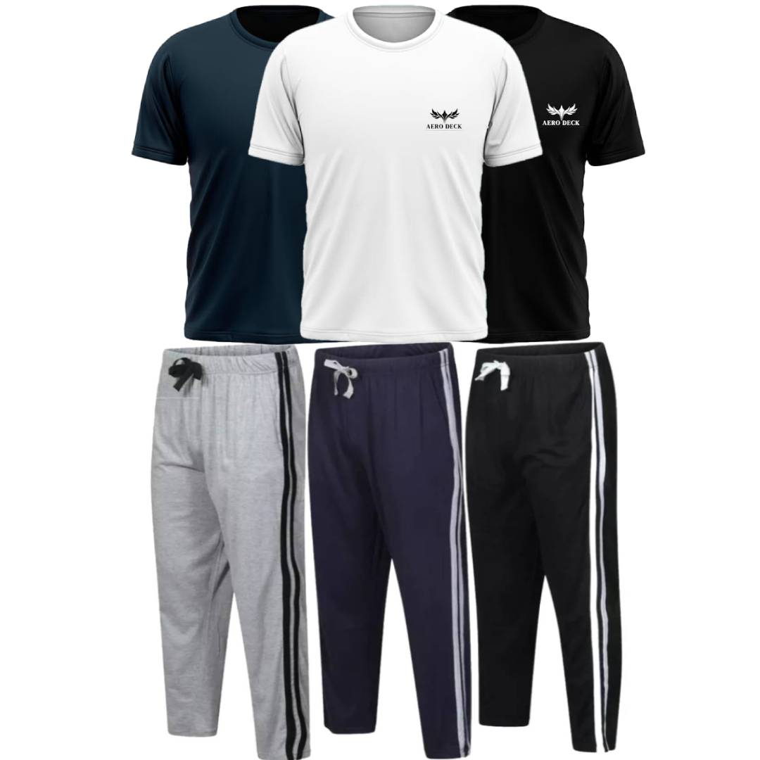 Pack of 3 Side Stripe Trousers & 3 Plain T-Shirts (AD-03) AERODECK APPARELS