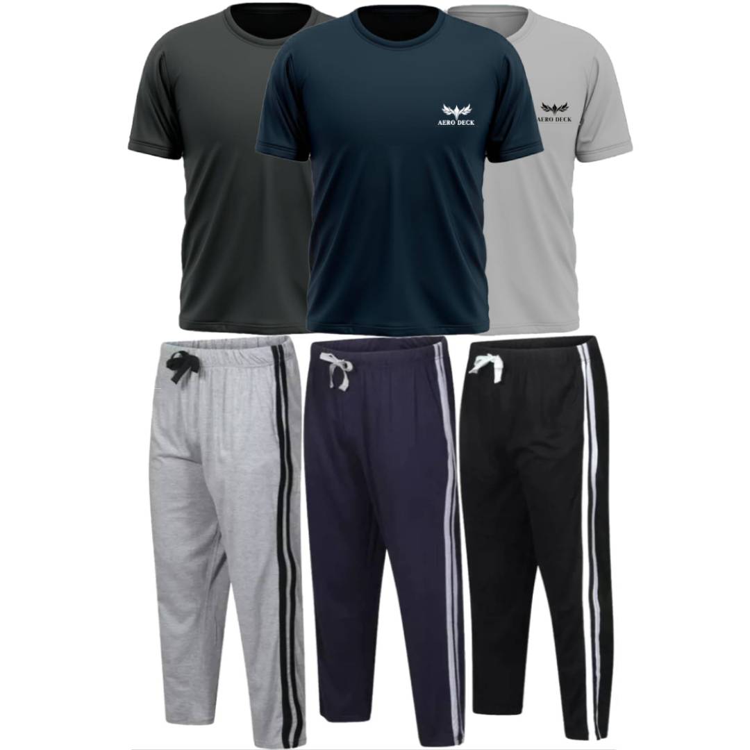 Pack of 3 Side Stripe Trousers & 3 Plain T-Shirts (AD-02) AERODECK APPARELS