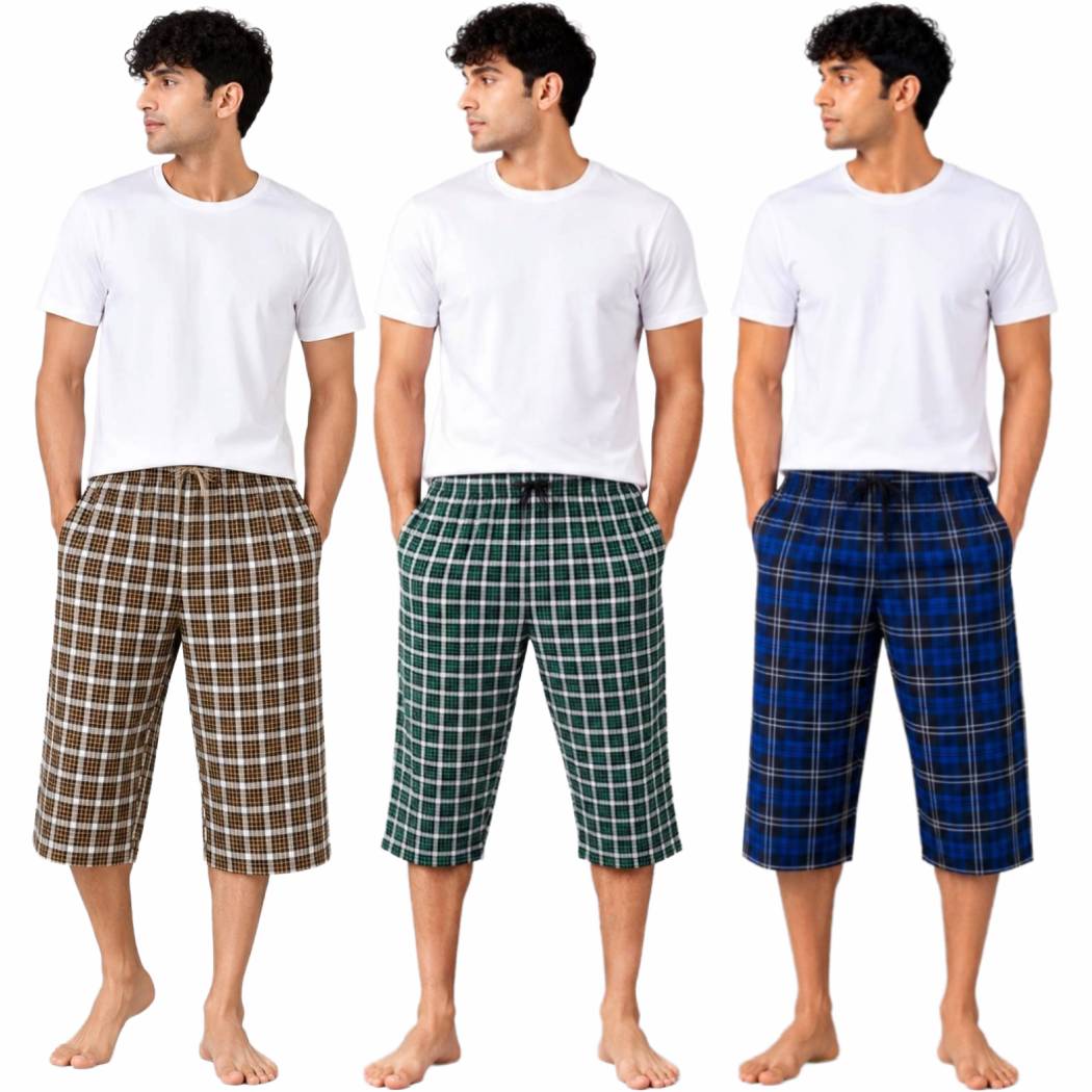 Aerodeck Men's Premium Checkered Cotton 3-Quarter Lounge Shorts – Pack of 3 AERODECK APPARELS