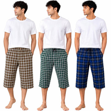 Aerodeck Men's Premium Checkered Cotton 3-Quarter Lounge Shorts – Pack of 3 AERODECK APPARELS