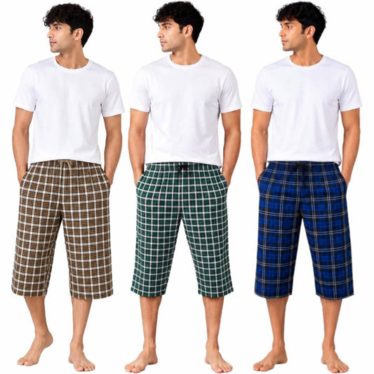 Aerodeck Men's Premium Checkered Cotton 3-Quarter Lounge Shorts – Pack of 3 AERODECK APPARELS