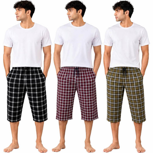 Aerodeck Men's Premium Checkered Cotton 3-Quarter Lounge Shorts – Pack of 3 AERODECK APPARELS
