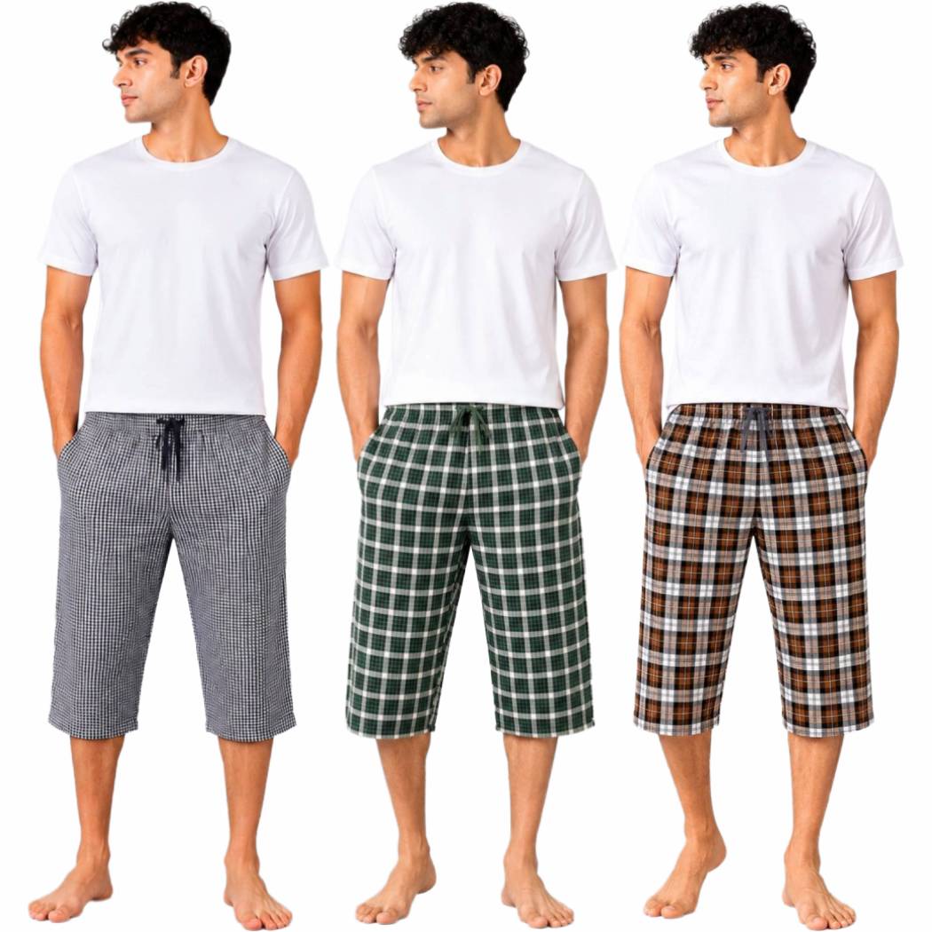Aerodeck Men's Premium Checkered Cotton 3-Quarter Lounge Shorts – Pack of 3 AERODECK APPARELS