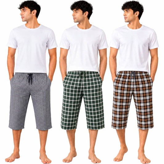 Aerodeck Men's Premium Checkered Cotton 3-Quarter Lounge Shorts – Pack of 3 AERODECK APPARELS