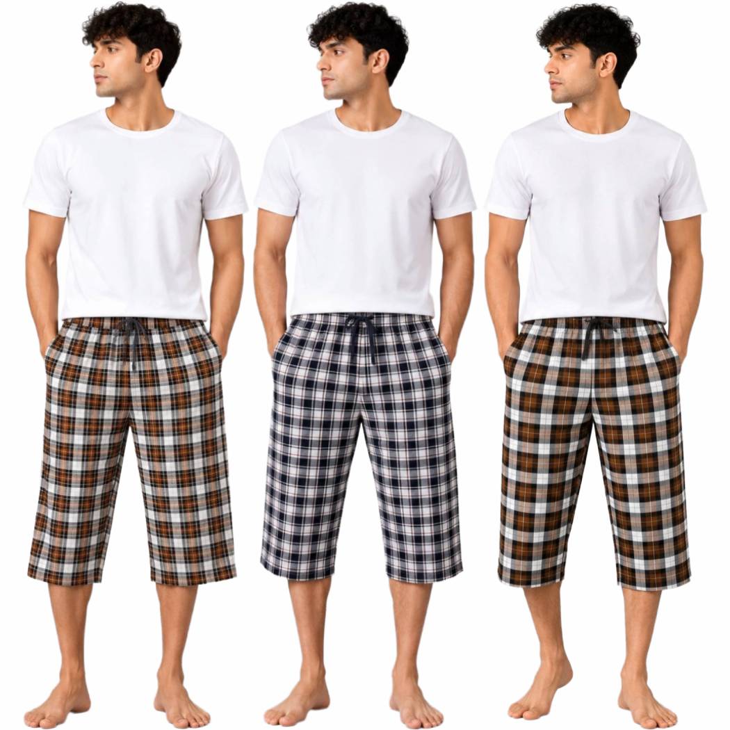 Aerodeck Men's Premium Checkered Cotton 3-Quarter Lounge Shorts – Pack of 3 AERODECK APPARELS