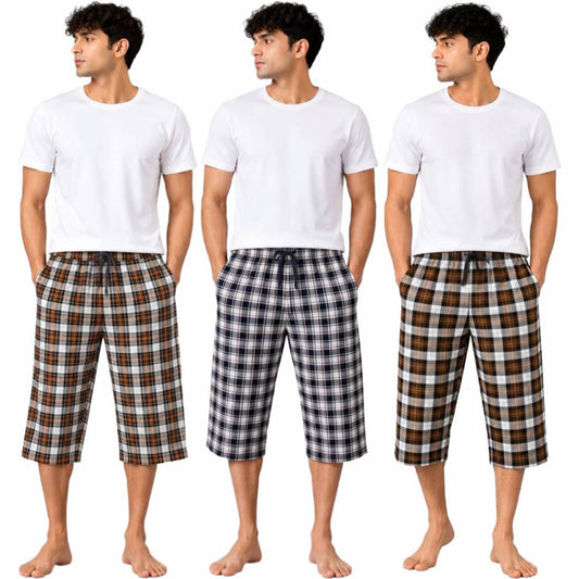 Aerodeck Men's Premium Checkered Cotton 3-Quarter Lounge Shorts – Pack of 3 AERODECK APPARELS