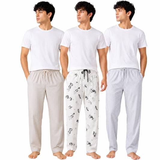 Aerodeck Men's Premium Cotton Lounge Trousers – Pack of 3 (Beige, Space Print & Light Grey Stripe) AERODECK APPARELS