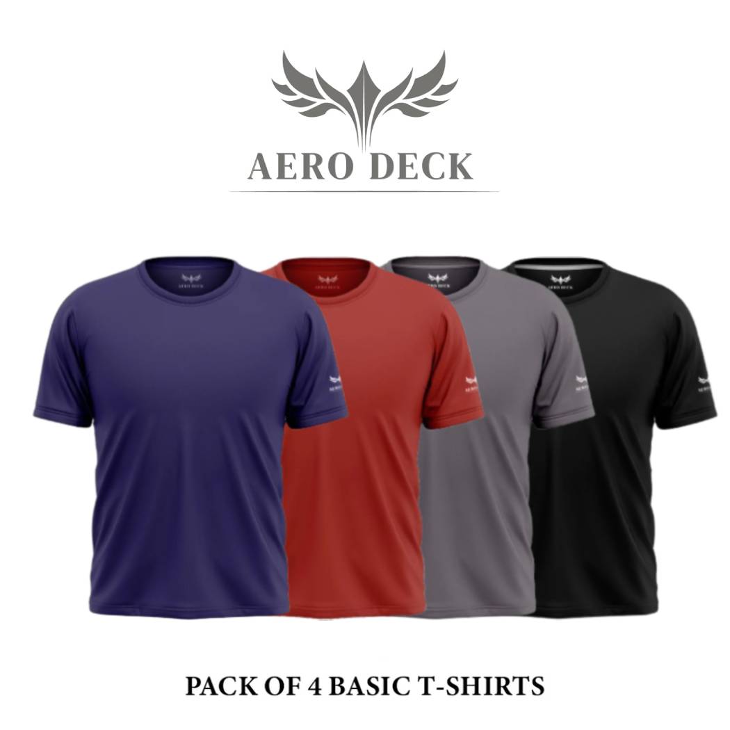 Pack of 4 Aero Deck Cotton Jersey Black, Grey, Red & Blue Color T-Shirt AERODECK APPARELS