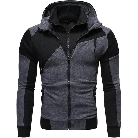 Grey Double Zip Black Panel Zipper Pocket Hoodie