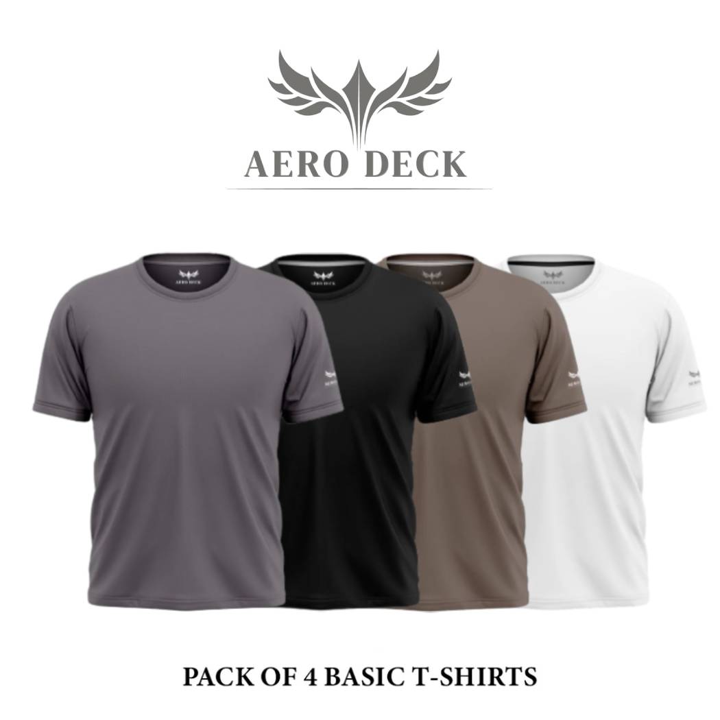 Pack of 4 Aero Deck Cotton Jersey Black, Grey, White & Brown Color T-Shirt AERODECK APPARELS