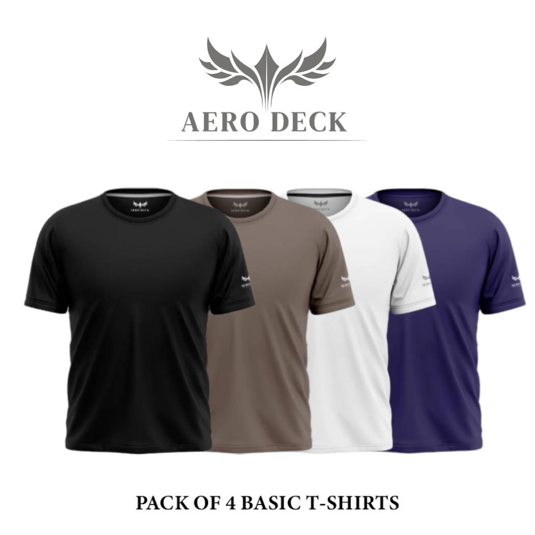 Pack of 4 Aero Deck Cotton Jersey Black, Grey, White & Brown Color T-Shirt AERODECK APPARELS
