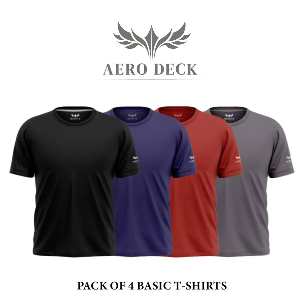 Pack of 4 Aero Deck Cotton Jersey Black, Blue, White & Red Color T-Shirt AERODECK APPARELS