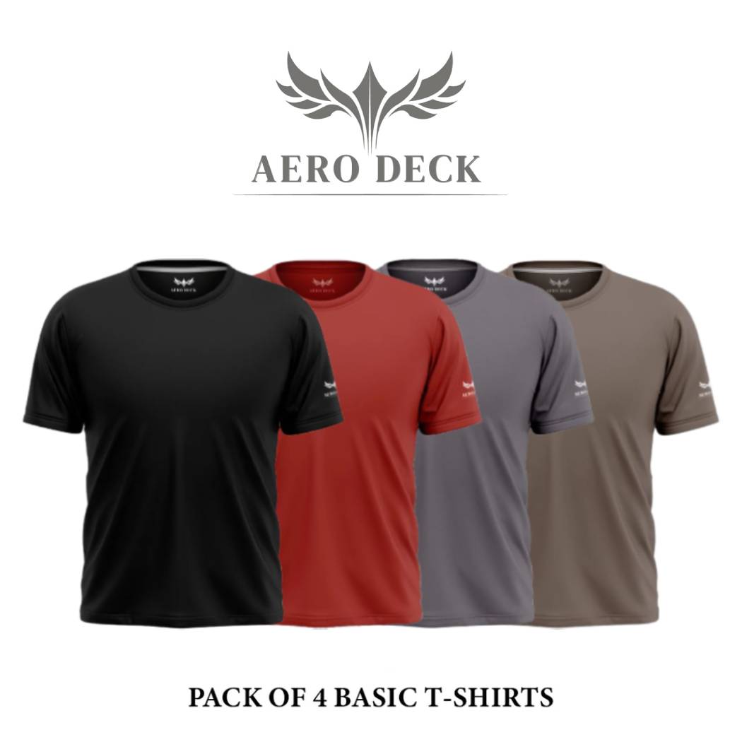 Pack of 4 Aero Deck Cotton Jersey Black, Blue, Grey & Red Color T-Shirt AERODECK APPARELS