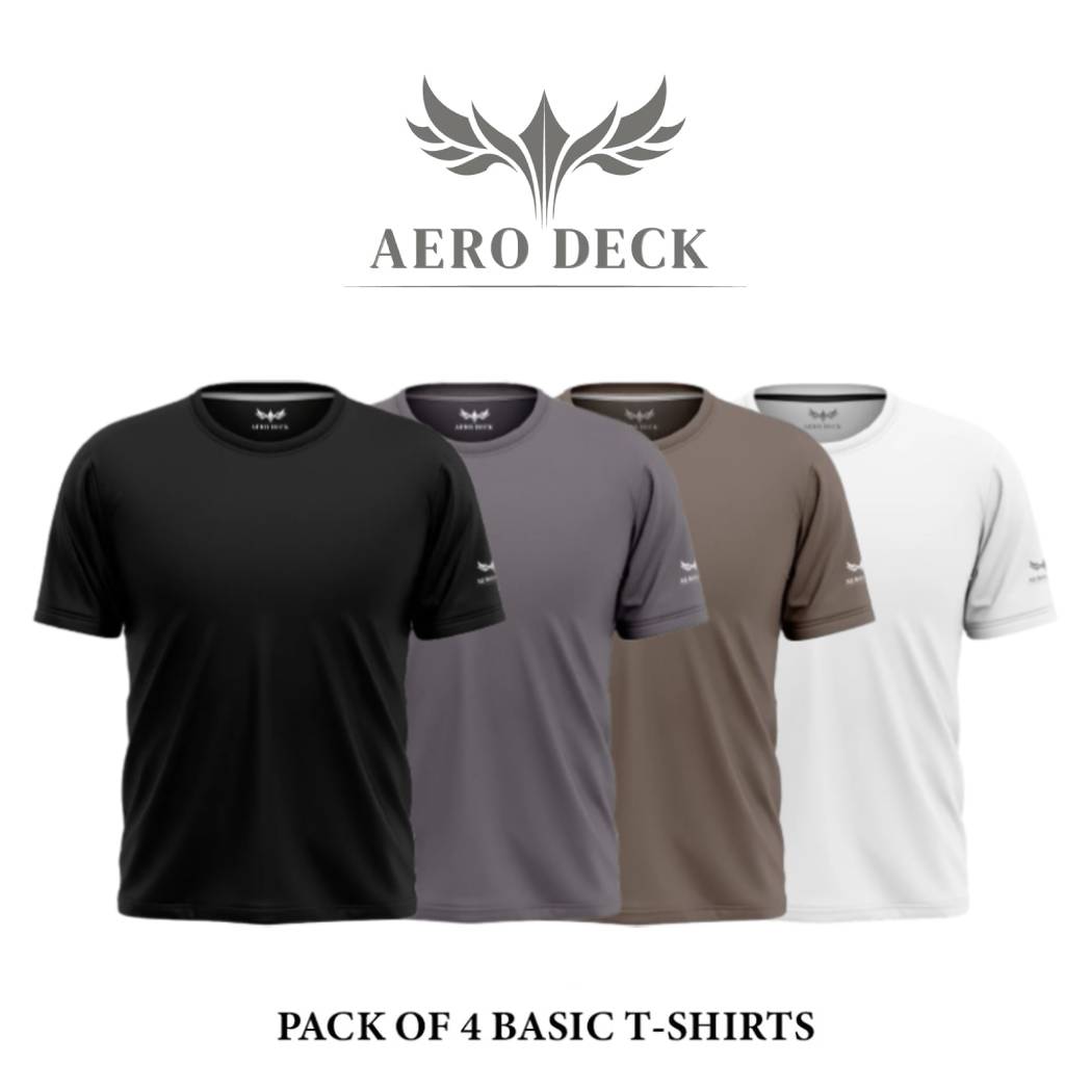 Pack of 4 Aero Deck Cotton Jersey Black, Brown, Grey & White Color T-Shirt AERODECK APPARELS
