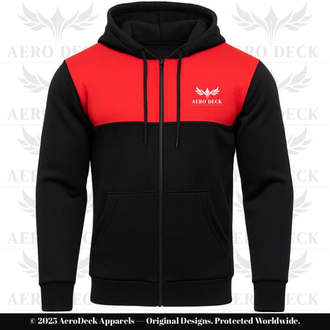 AERO DECK Men's Black & Red Panel Fleece Full-Zip Hoodie AERODECK APPARELS