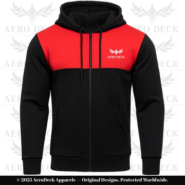 AERO DECK Men's Black & Red Panel Fleece Full-Zip Hoodie AERODECK APPARELS