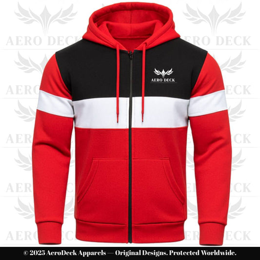 AERO DECK Men's Red, Black & White Panel Fleece Full-Zip Hoodie