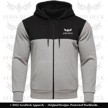 AERO DECK Men's Black & Gray Panel Fleece Full-Zip Hoodie AERODECK APPARELS