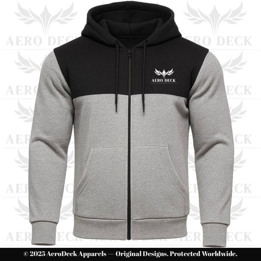 AERO DECK Men's Black & Gray Panel Fleece Full-Zip Hoodie