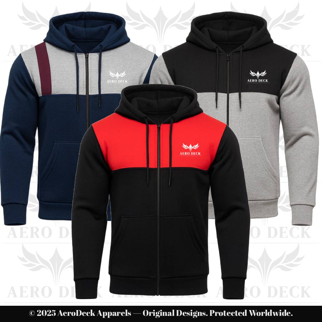 AERO DECK Three-Pack Panel Fleece Full-Zip Hoodies (Red, Navy & Gray Styles) AERODECK APPARELS