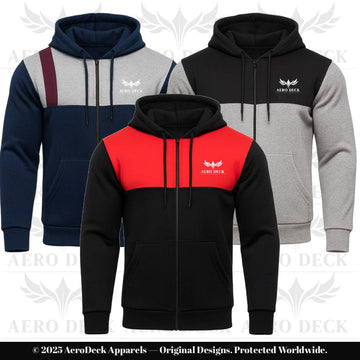 AERO DECK Three-Pack Panel Fleece Full-Zip Hoodies (Red, Navy & Gray Styles) AERODECK APPARELS