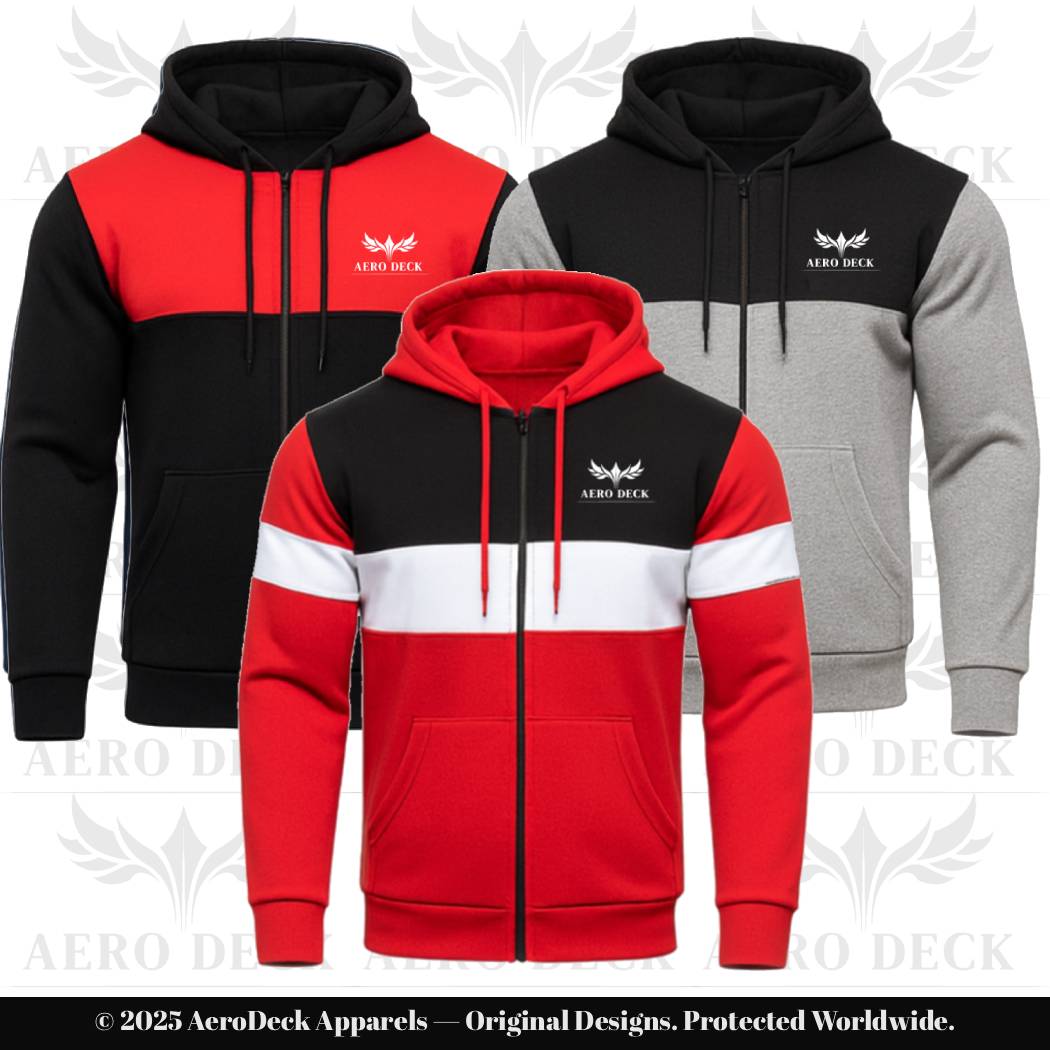 AERO DECK Three-Pack Panel Fleece Full-Zip Hoodies (Red, Tri-Color & Gray Styles) AERODECK APPARELS