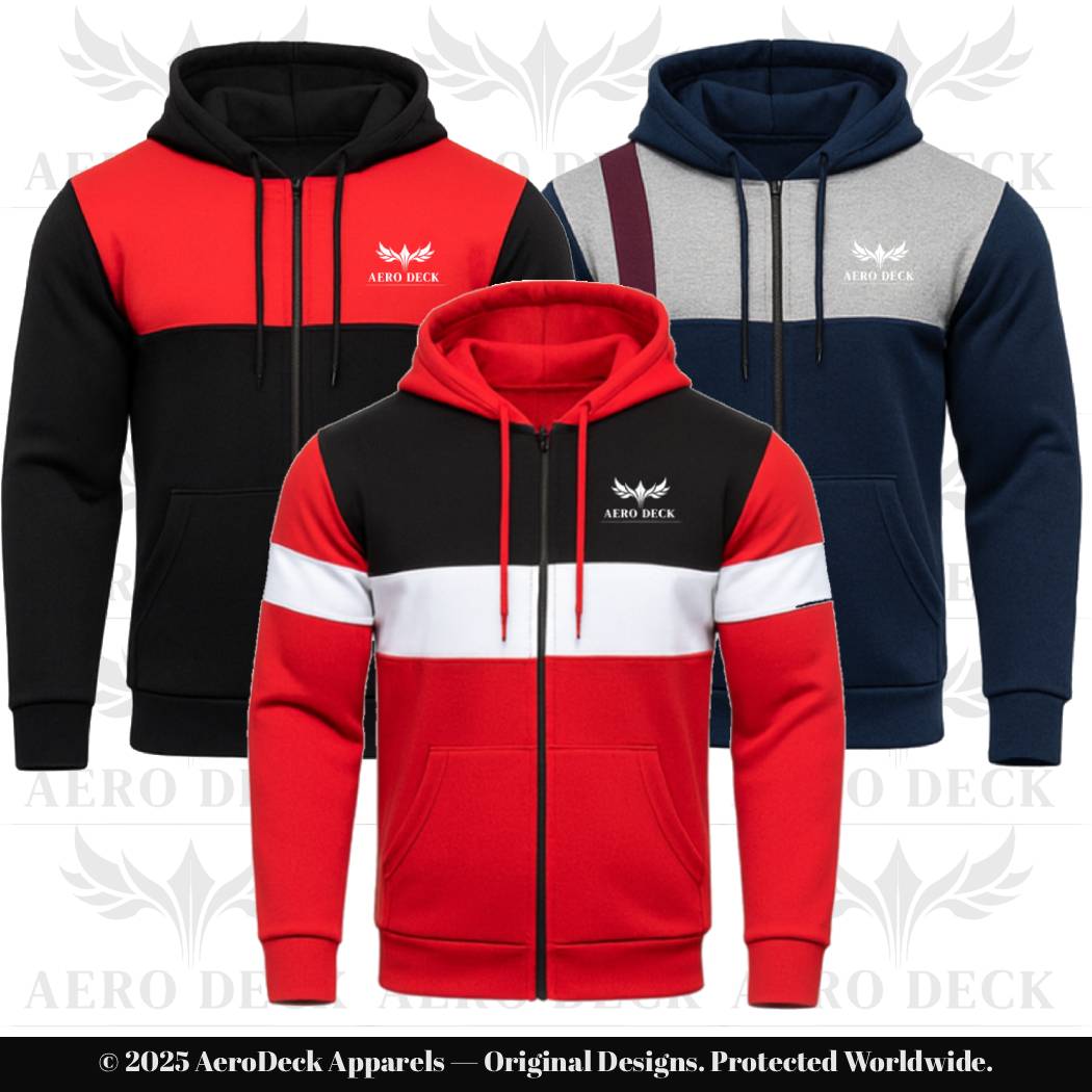 AERO DECK Three-Pack Panel Fleece Full-Zip Hoodies (Red/Black, Tri-Color & Navy Styles) AERODECK APPARELS