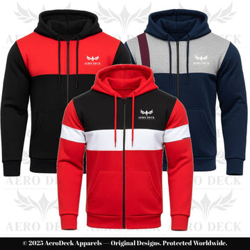 AERO DECK Three-Pack Panel Fleece Full-Zip Hoodies (Red/Black, Tri-Color & Navy Styles) AERODECK APPARELS