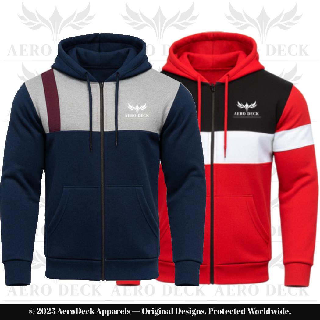 AERO DECK Signature Panel Fleece Full-Zip Hoodie Duo-Set (Navy & Red) AERODECK APPARELS