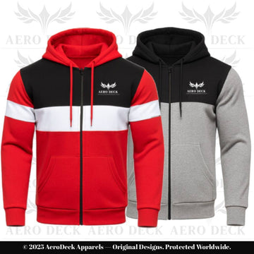 AERO DECK Two-Pack Panel Fleece Full-Zip Hoodies (Tri-Color Red/Black/White & Two-Tone Black/Gray)