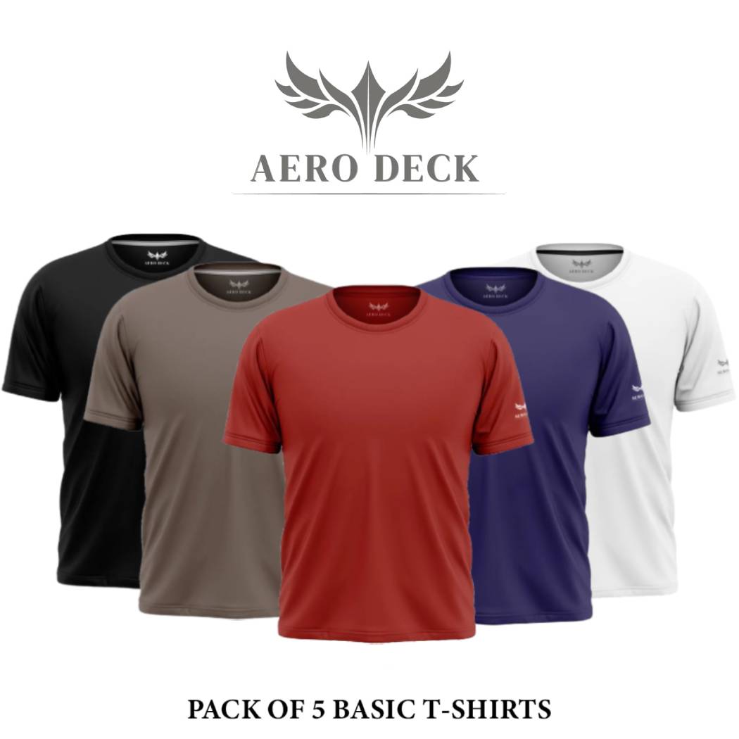 Pack of 5 Aero Deck Cotton Jersey Brown, Black, Blue, Grey & White Color T-Shirt AERODECK APPARELS