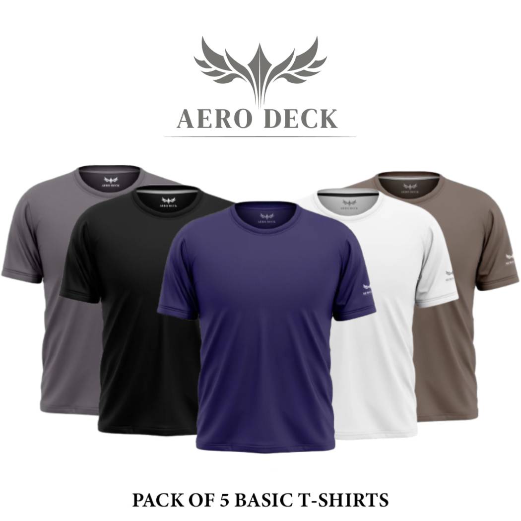 Pack of 5 Aero Deck Cotton Jersey Brown, Black, Blue, Grey & White Color T-Shirt AERODECK APPARELS