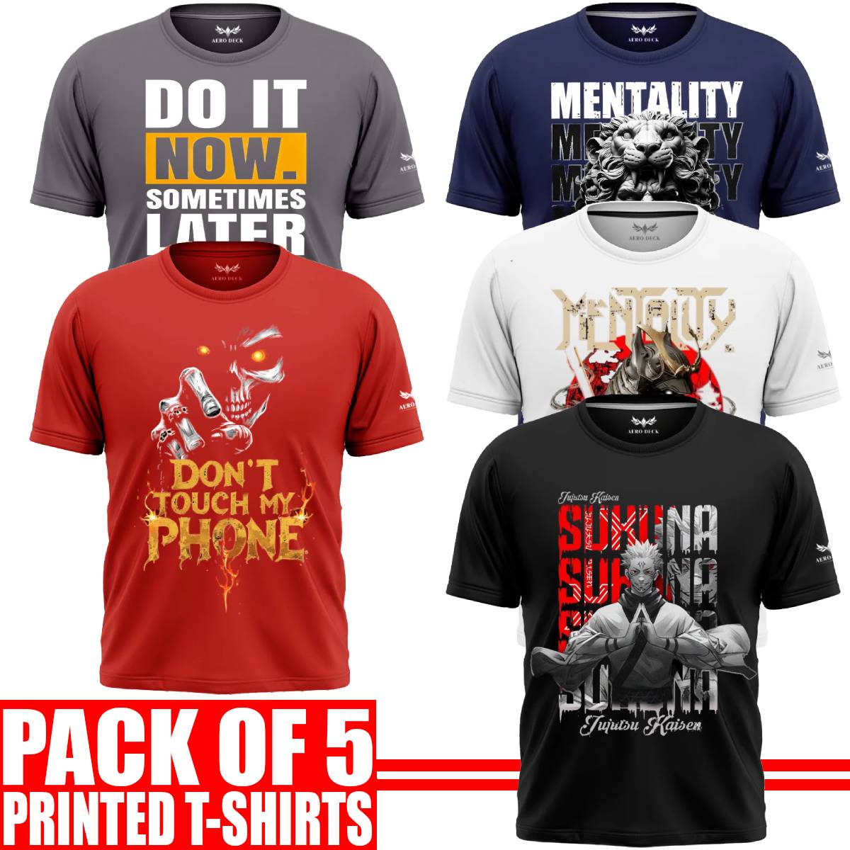 Pack of 5 Aero Deck {Cotton Jersey} {Black, Grey, Red, Blue & White Color} {Graphic} T-Shirt AERODECK APPARELS