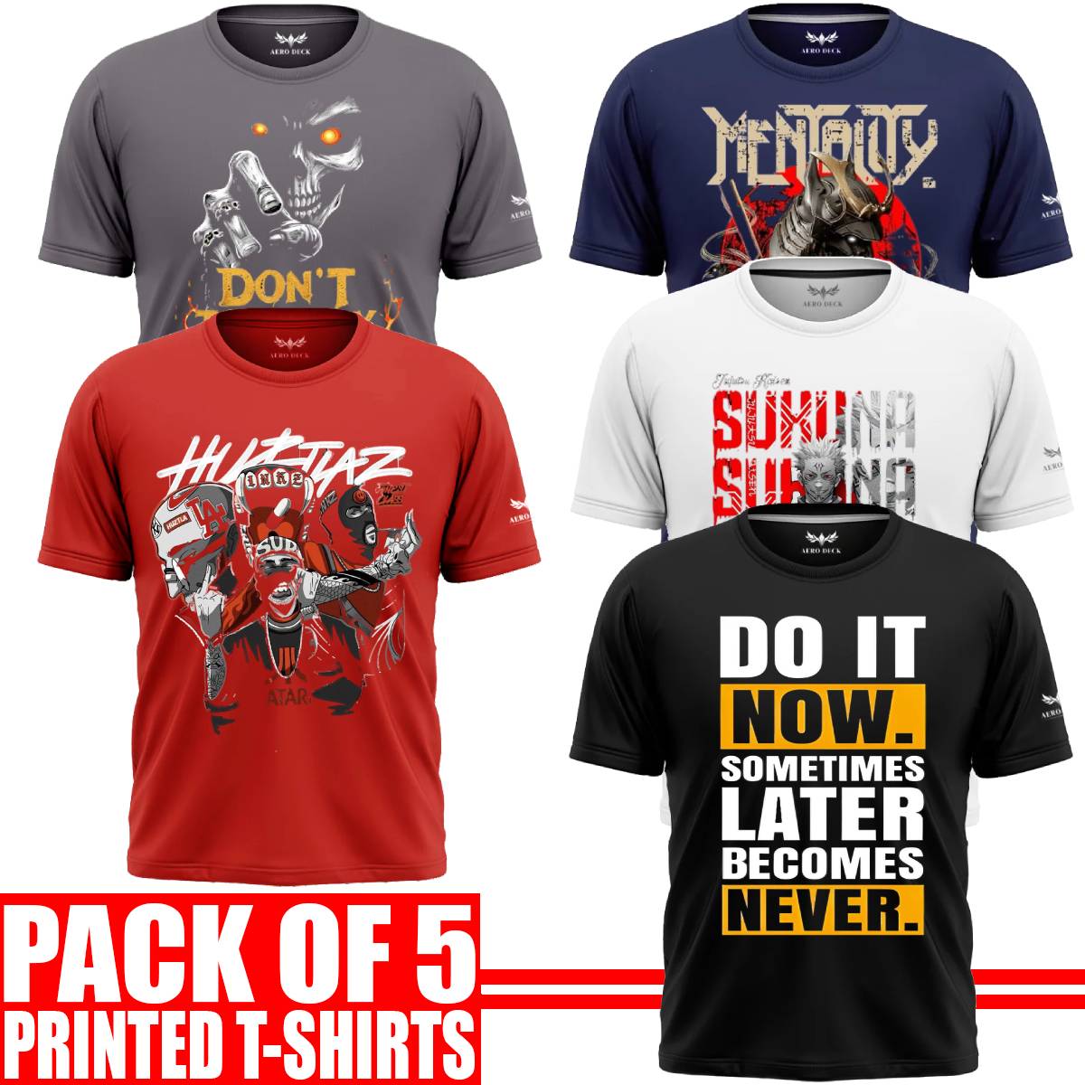 Pack of 5 Aero Deck {Cotton Jersey} {Black, Grey, Red, Blue & White Color} {Graphic} T-Shirt - {Code: AD - 110} AERODECK APPARELS