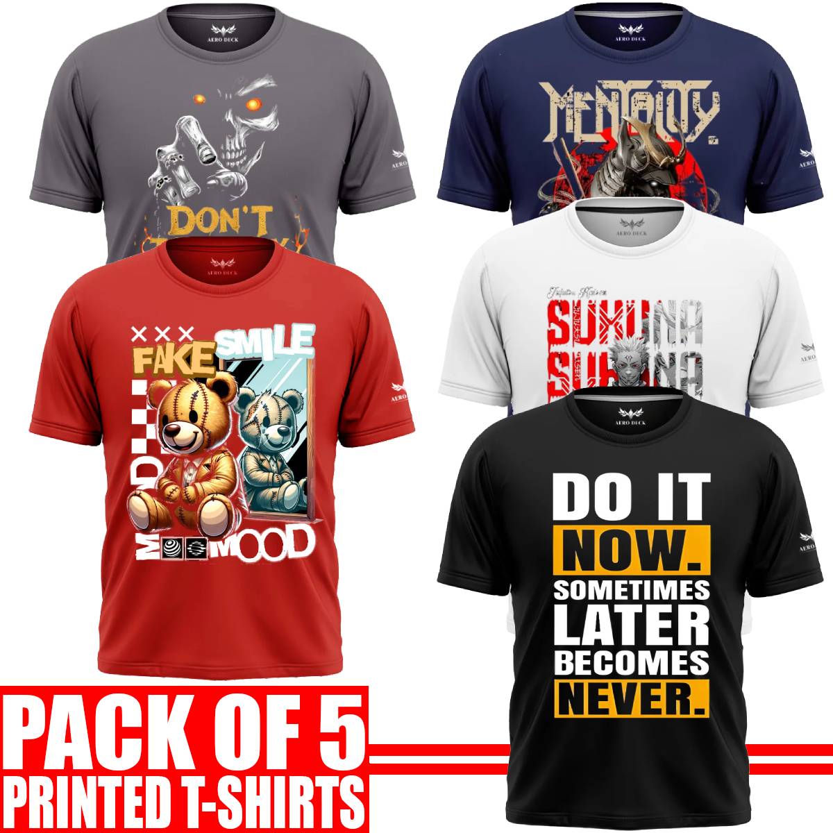 Pack of 5 Aero Deck {Cotton Jersey} {Black, Grey, Red, Blue & White Color} {Graphic} T-Shirt - {Code: AD - 112} AERODECK APPARELS