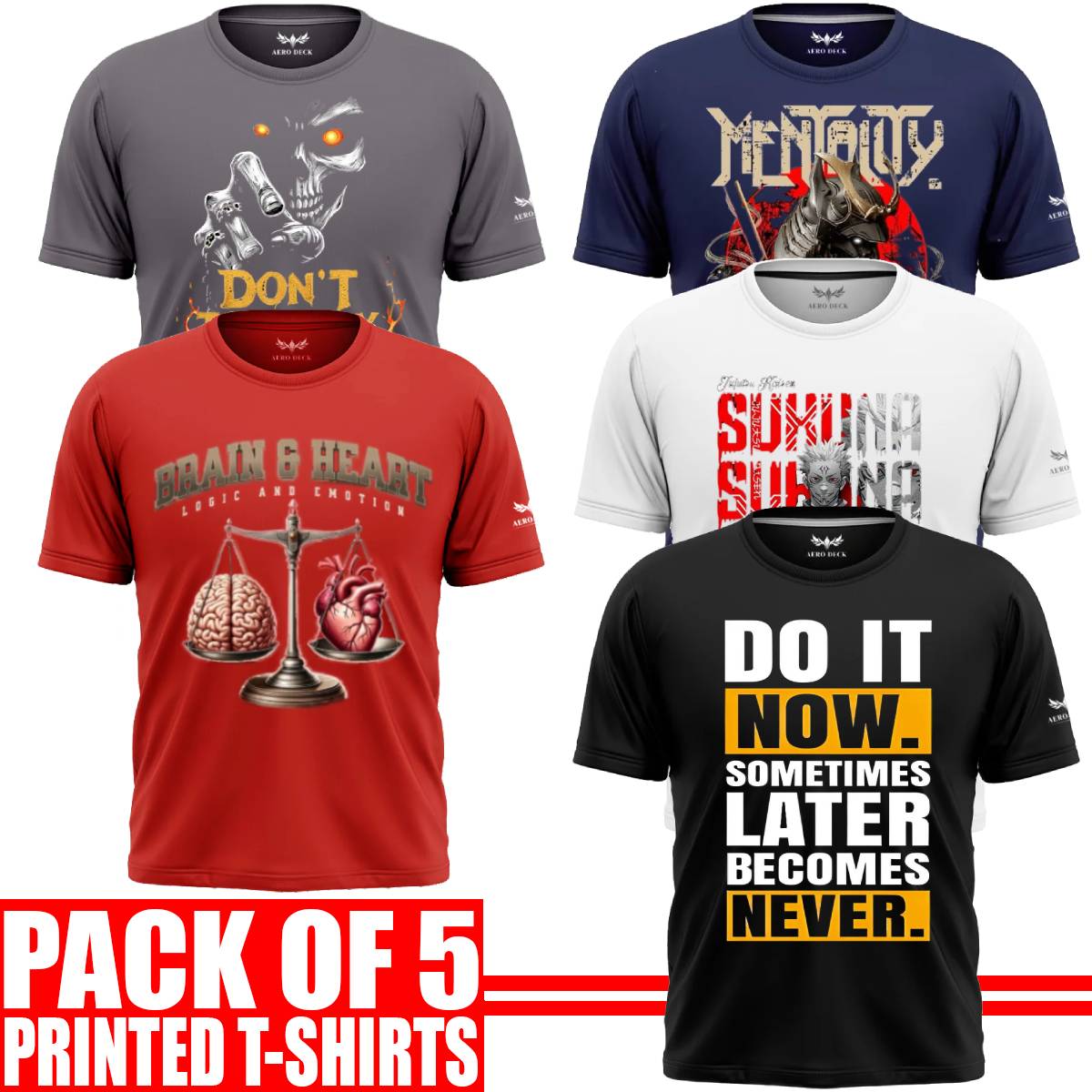 Pack of 5 Aero Deck {Cotton Jersey} {Black, Grey, Red, Blue & White Color} {Graphic} T-Shirt - {Code: AD - 112} (Copy) AERODECK APPARELS