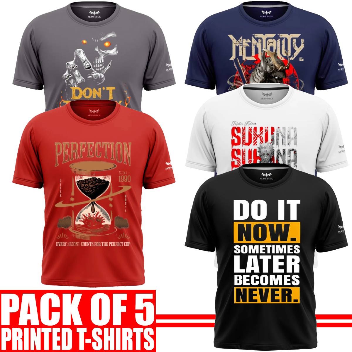 Pack of 5 Aero Deck {Cotton Jersey} {Black, Grey, Red, Blue & White Color} {Graphic} T-Shirt - {Code: AD - 113} AERODECK APPARELS