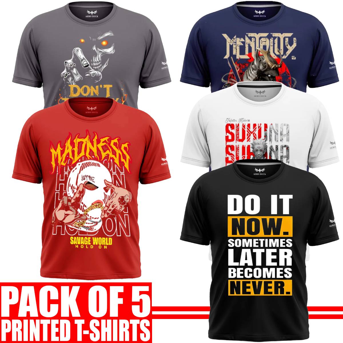 Pack of 5 Aero Deck {Cotton Jersey} {Black, Grey, Red, Blue & White Color} {Graphic} T-Shirt - {Code: AD - 115} AERODECK APPARELS