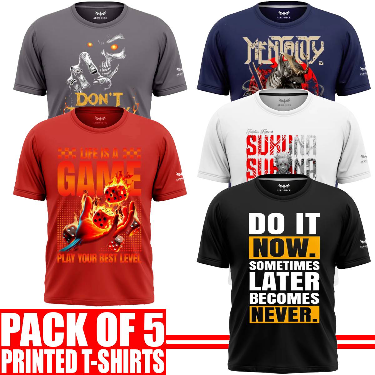 Pack of 5 Aero Deck {Cotton Jersey} {Black, Grey, Red, Blue & White Color} {Graphic} T-Shirt - {Code: AD - 116} AERODECK APPARELS