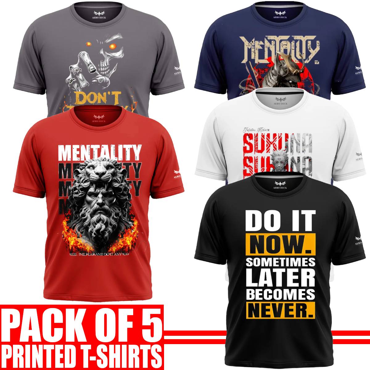 Pack of 5 Aero Deck {Cotton Jersey} {Black, Grey, Red, Blue & White Color} {Graphic} T-Shirt - {Code: AD - 116} AERODECK APPARELS