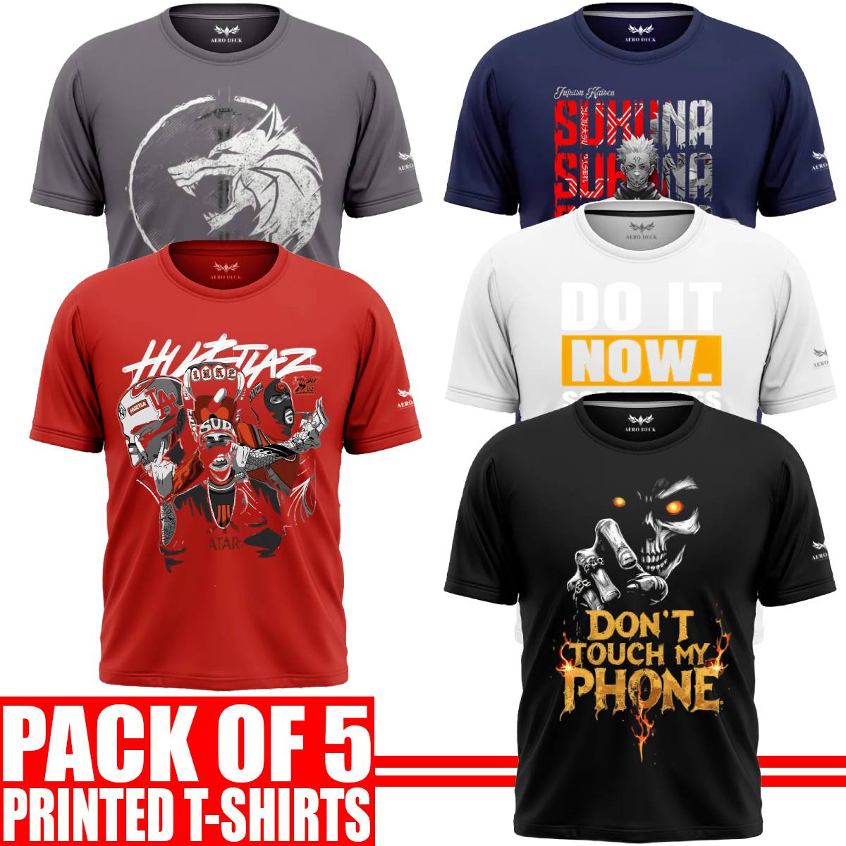 Pack of 5 Aero Deck {Cotton Jersey} {Black, Grey, Red, Blue & White Color} {Graphic} T-Shirt - {Code: AD - 118} AERODECK APPARELS