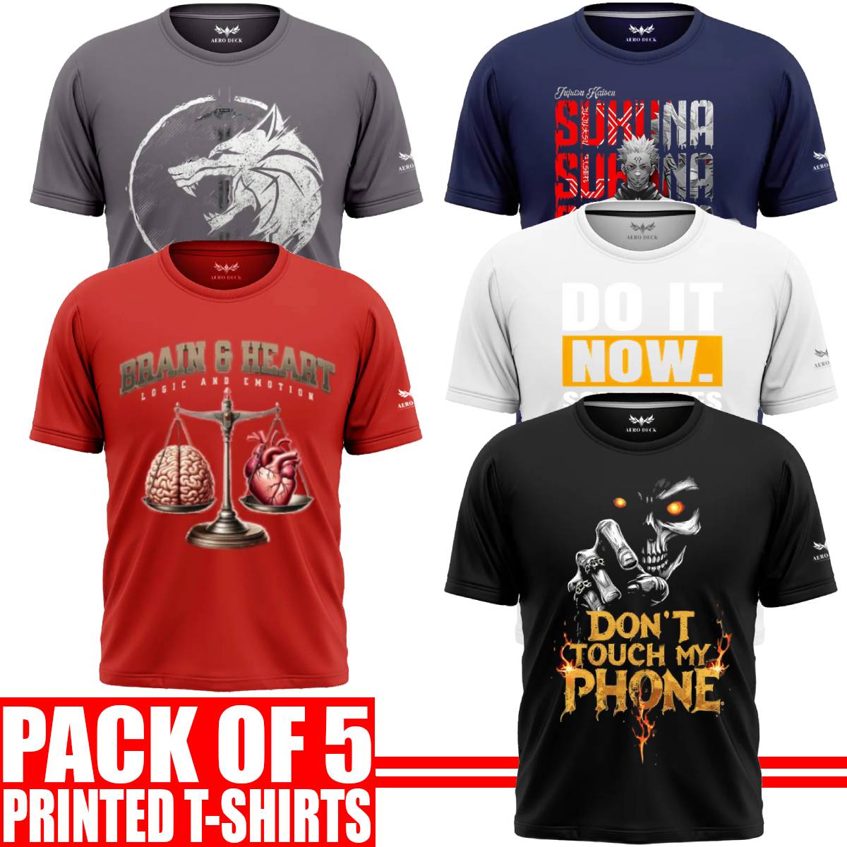 Pack of 5 Aero Deck {Cotton Jersey} {Black, Grey, Red, Blue & White Color} {Graphic} T-Shirt - {Code: AD - 119} AERODECK APPARELS