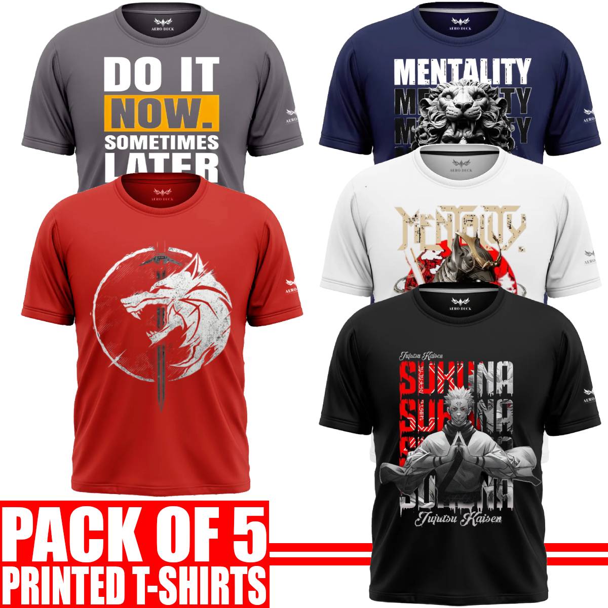 Pack of 5 Aero Deck {Cotton Jersey} {Black, Grey, Red, Blue & White Color} {Graphic} T-Shirt - {Code: AD - 102} AERODECK APPARELS