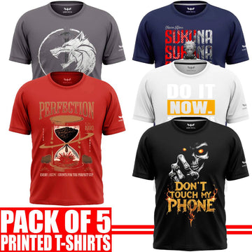 Pack of 5 Aero Deck {Cotton Jersey} {Black, Grey, Red, Blue & White Color} {Graphic} T-Shirt - {Code: AD - 120} AERODECK APPARELS